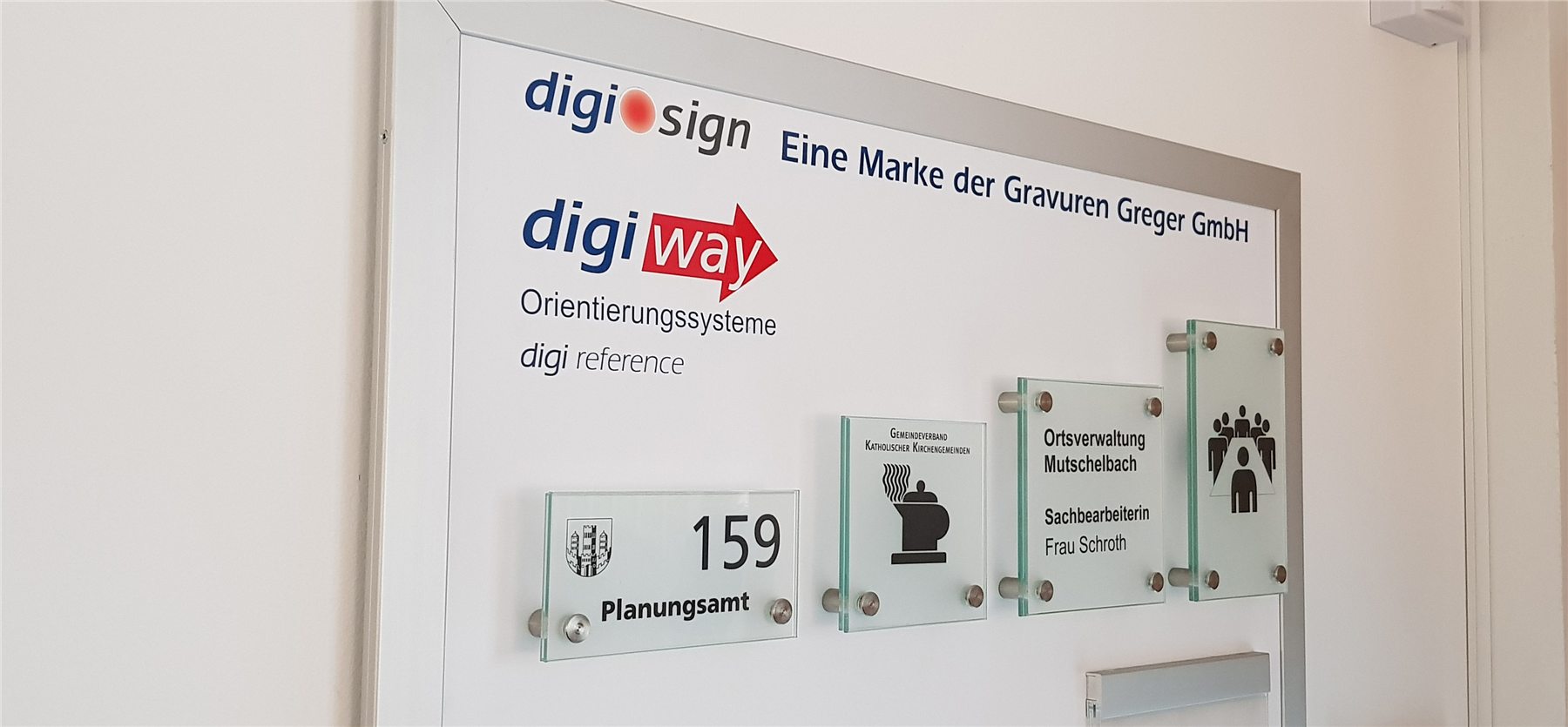 Modulares Orientierungssystem mit Glas- und Raumschildern