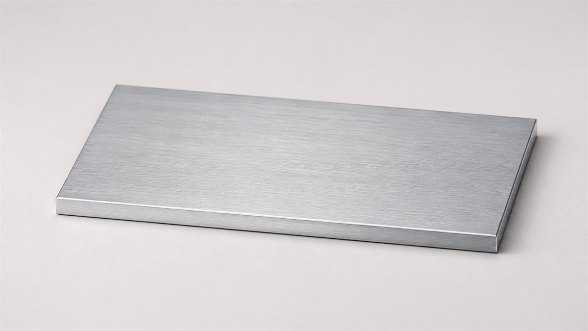 Leicht seitliche Ansicht einer Platte aus eloxiertem Aluminium mit sichtbarer Kante