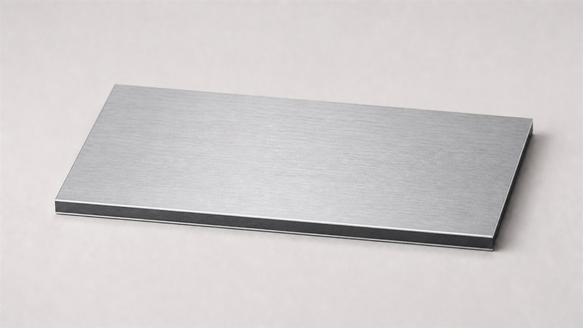 Leicht seitliche Ansicht einer Dibond-Platte mit sichtbarem dunklem Verbundkern